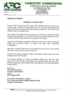 Letter issued by Accra zoo